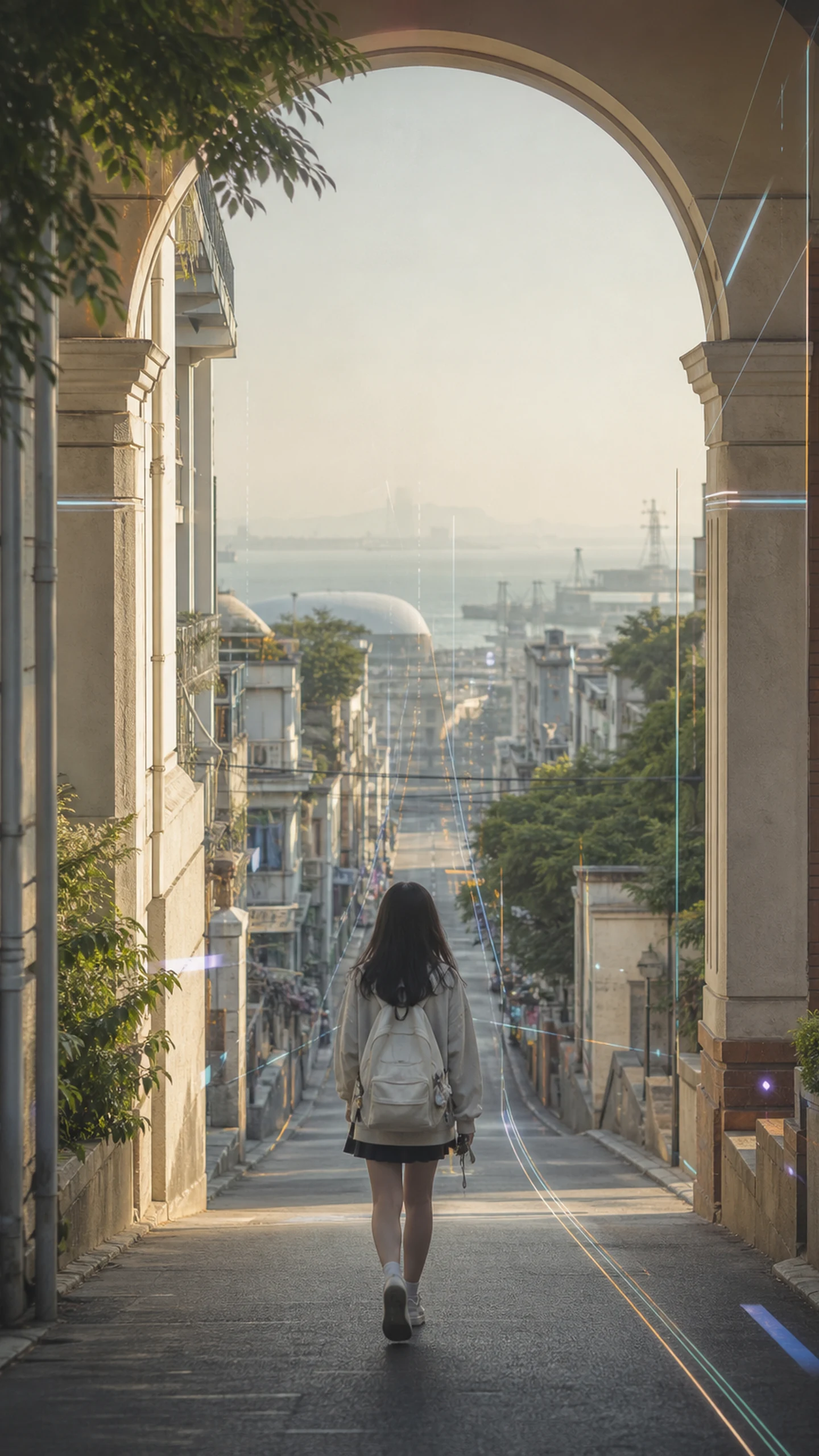 年轻女性沿着校园与城市之间的光路向前行走